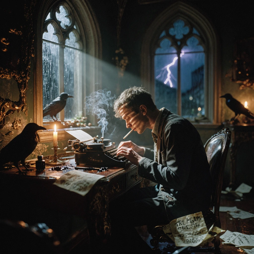 In a film noir, a solitary writer is hunched over a vintage typewriter, whilst the shadows cast by the Venetian blinds streak across his face and the blank page before him. Rain streams down a Gothic arched window in the background, whilst lightning