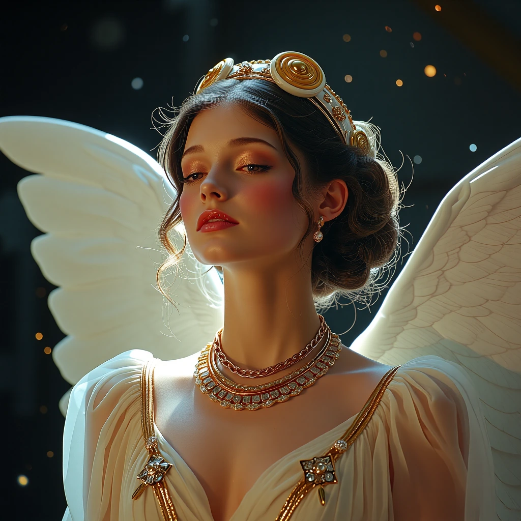 { "visual_elements": { "background": { "atmosphere": "ethereal and mystical", "color": "dark with specks of light", "elements": "subtle golden sparkles" }, "color_palette": { "accent_colors": [ "translucent light gold", "soft sparkles" ], "dominant_c