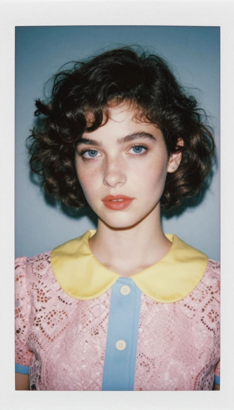 This is a portrait-style photograph with a vintage, film-like aesthetic — it has the soft color tones and slight grain reminiscent of a Polaroid or medium-format film shot. The subject is a young woman with short, dark curly hair that frames her face
