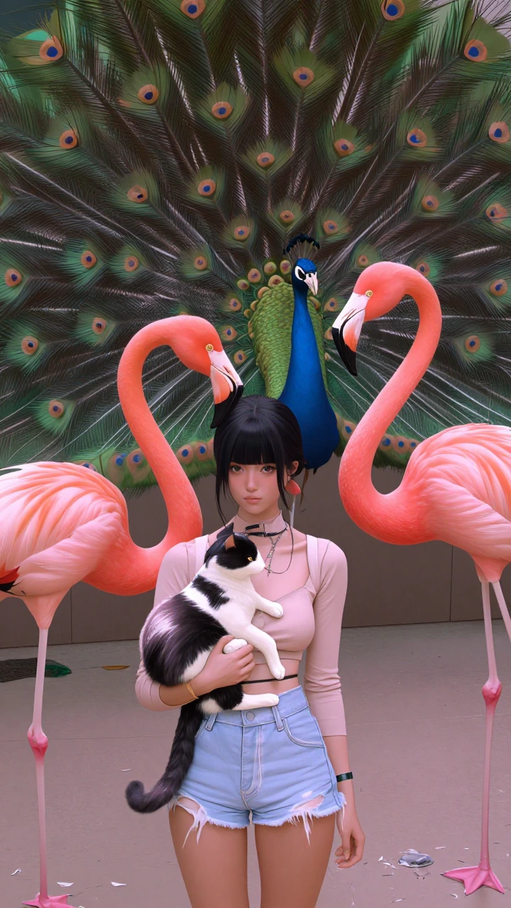 Woman with her cat and surrounded by gorgeous, flamingos, and peacock