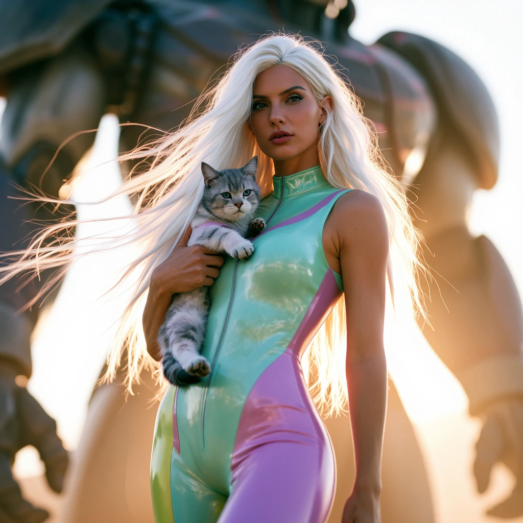 Closeup of a woman warrior long flowing platinum ombre hair with her cat and a giant mech, wearing a lavender pink yellow seafoam green glass jumpsuit, at sunrise