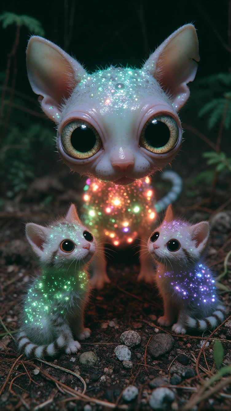 stationary camera, an alien catlike creature, small kittenlike creatures, dark earthy surface, ultraviolet luminous bodies, sparkling glittery texture