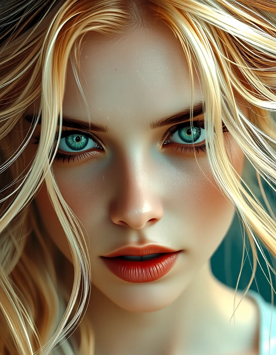 An ethereally beautiful woman, striking green eyes, lustrous champagne blonde hair cascading down her back, delicate facial features, fine nose, full 