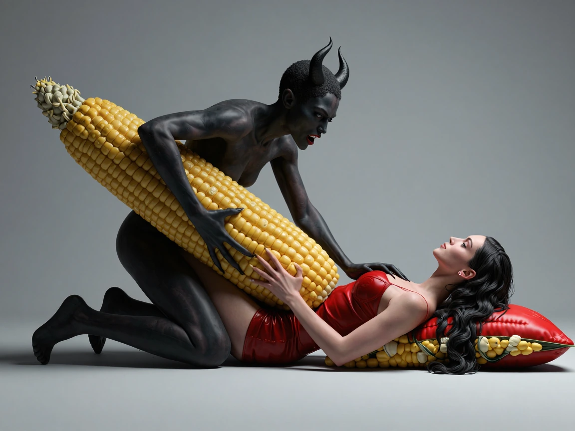 A demonic scene of satan with big corns and a vicious tale torturing a beautiful stunning woman in hell, the scene is aggressive a occult, 8k quality, extremely detailed