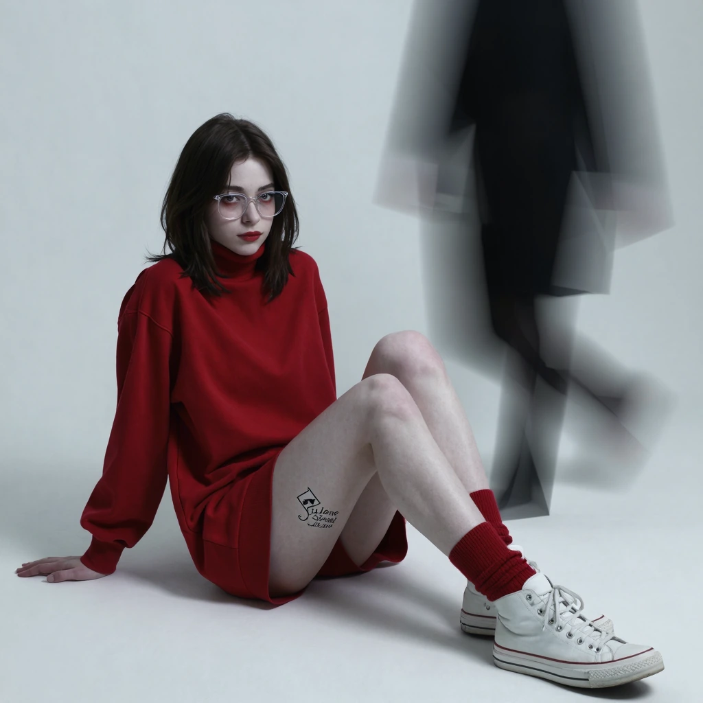 Photograph of a young nerdy bookworm cute female with pale skin and dark brown, shoulder-length hair sitting on a white floor against a plain white background. She is wearing a red, long-sleeved, oversized turtleneck dress that reaches mid-thigh, red