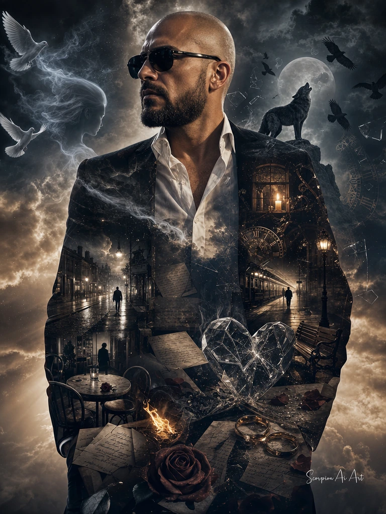 Create an ultra-realistic cinematic double exposure masterpiece inspired by “Fool of the Heart.” A confident bald man with a neatly trimmed beard and dark sunglasses stands as the dominant subject, wearing a tailored black suit jacket over a crisp wh