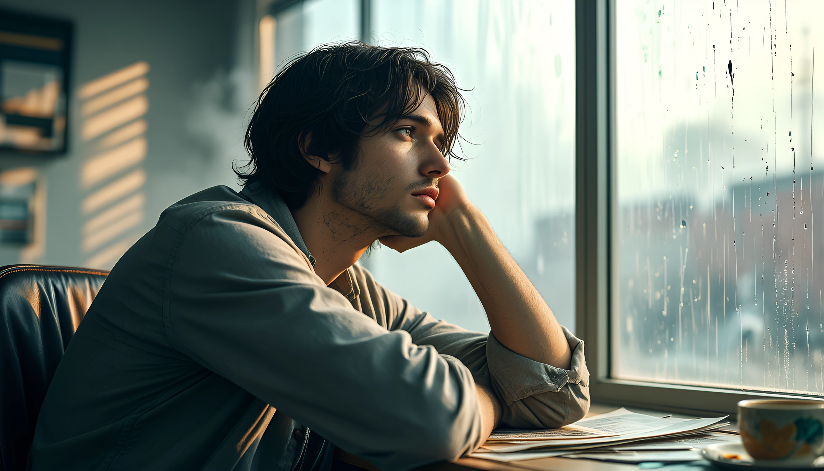 A young man in his late twenties with tousled dark hair and stubble, sitting slouched in a worn leather chair, eyes glazed and unfocused staring through a rain-streaked window, head resting on fist, body language radiating profound ennui, soft aftern