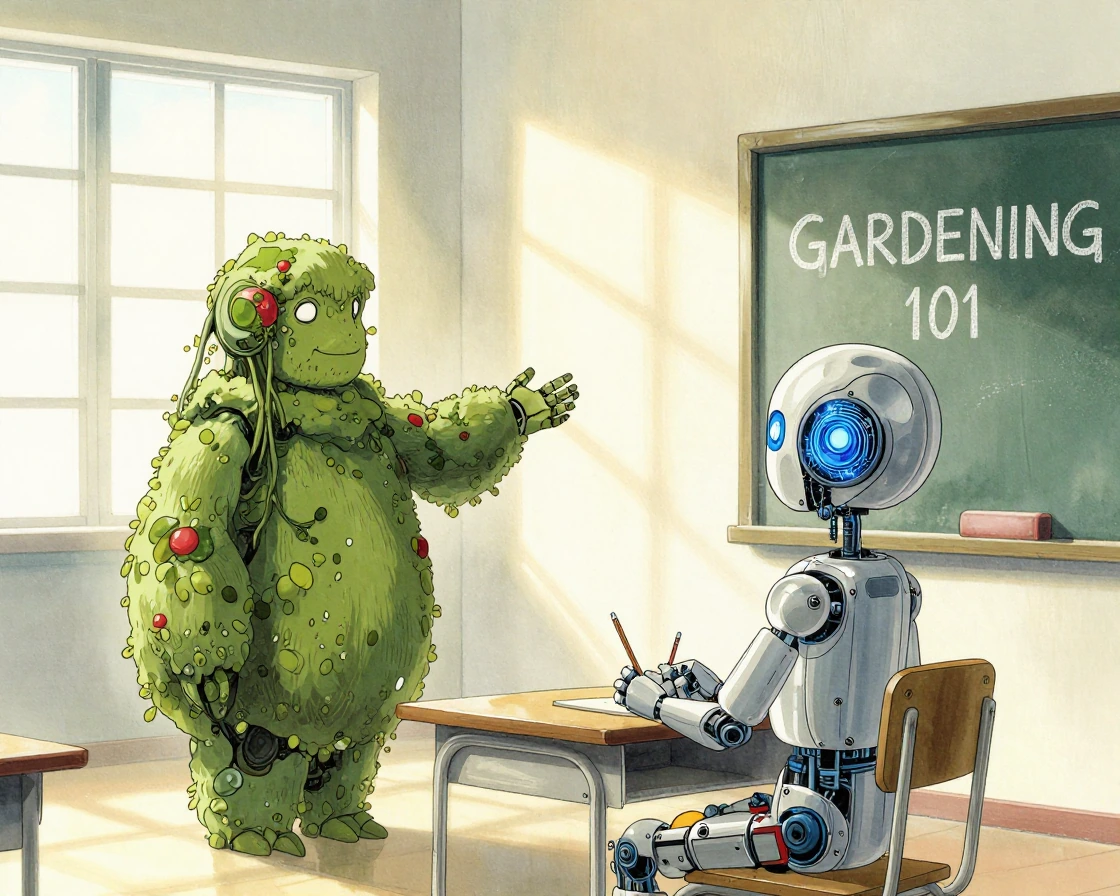 Robot student with silvered metal chassis and glowing blue circuit-board eyes sits attentive at a wooden desk in a sunlit classroom while a moss-covered plant-creature teacher with vine hair gestures at a chalkboard reading "GARDENING 101"—rendered i