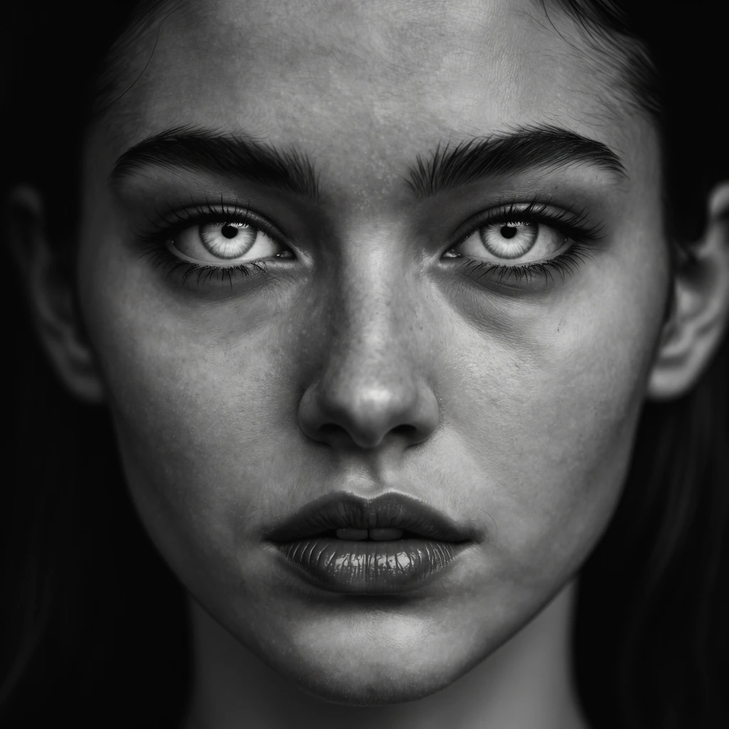 all black and white photo of woman face half in darkness, eye white see through