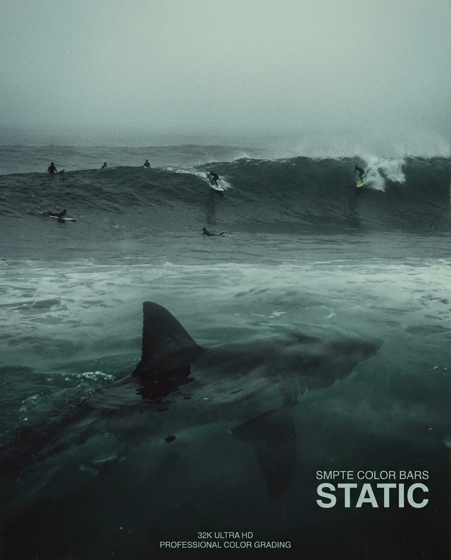 a surfing competition taking place and a vast Great White Shark zeroing in on the surfers