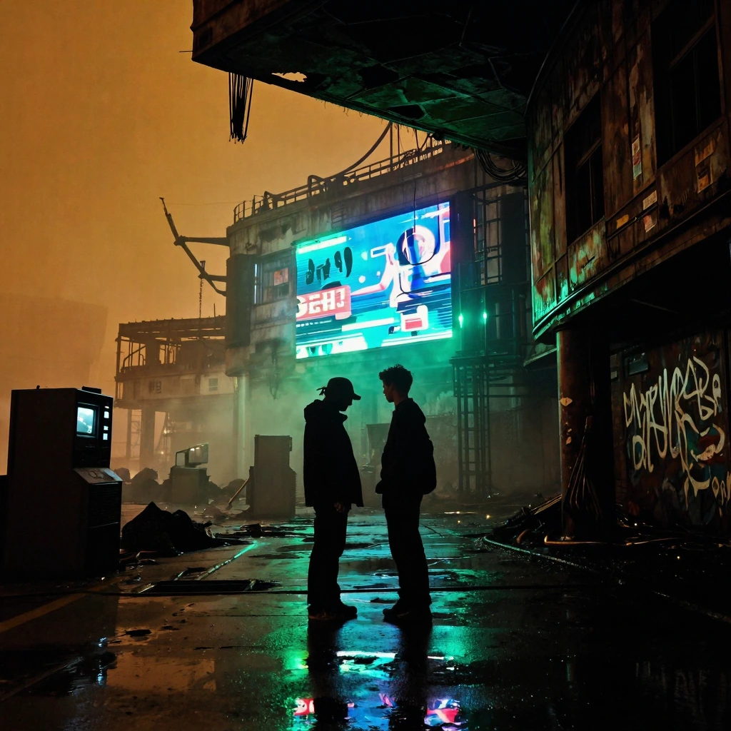 A chance encounter in a neon-soaked megastructure's shadow, two figures meeting amid sprawling urban decay, toxic amber sky bleeding through industrial smog, flickering holographic advertisements casting sickly green light across cracked concrete, ru