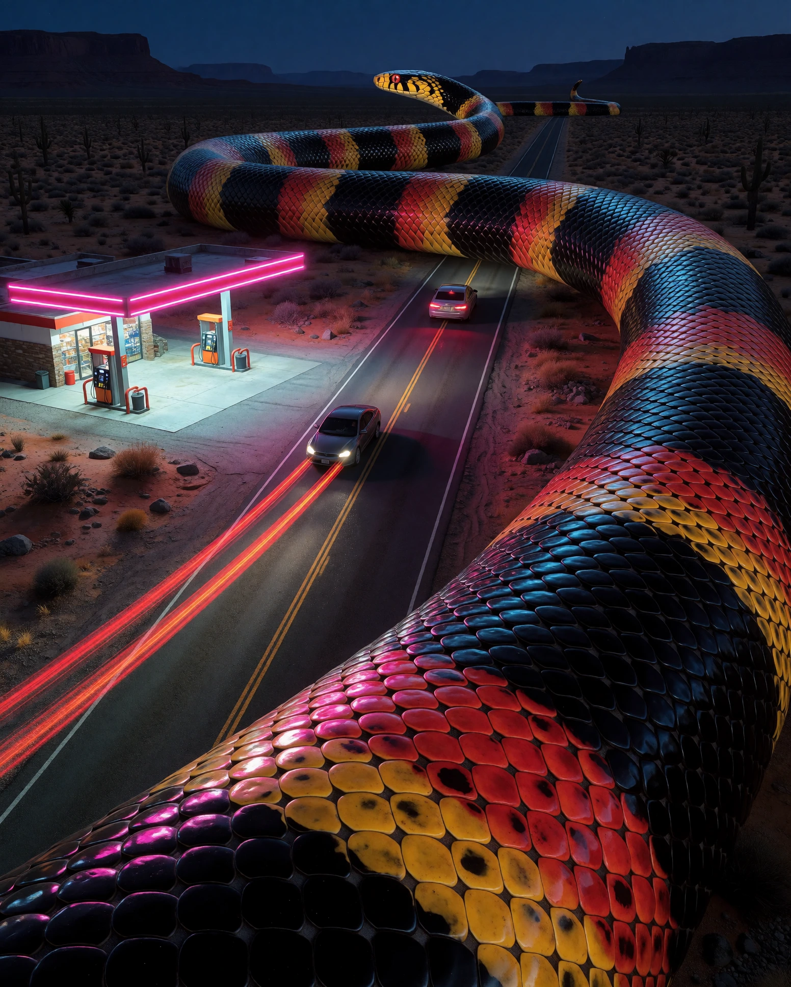 A desert highway at night, but the road is a colossal coral snake with redyellowblack bands, and its scales are reflecting the neon of a lone gas station. Cars drive on its back. The snake's head, far in the distance, is turning to look back. Miamine