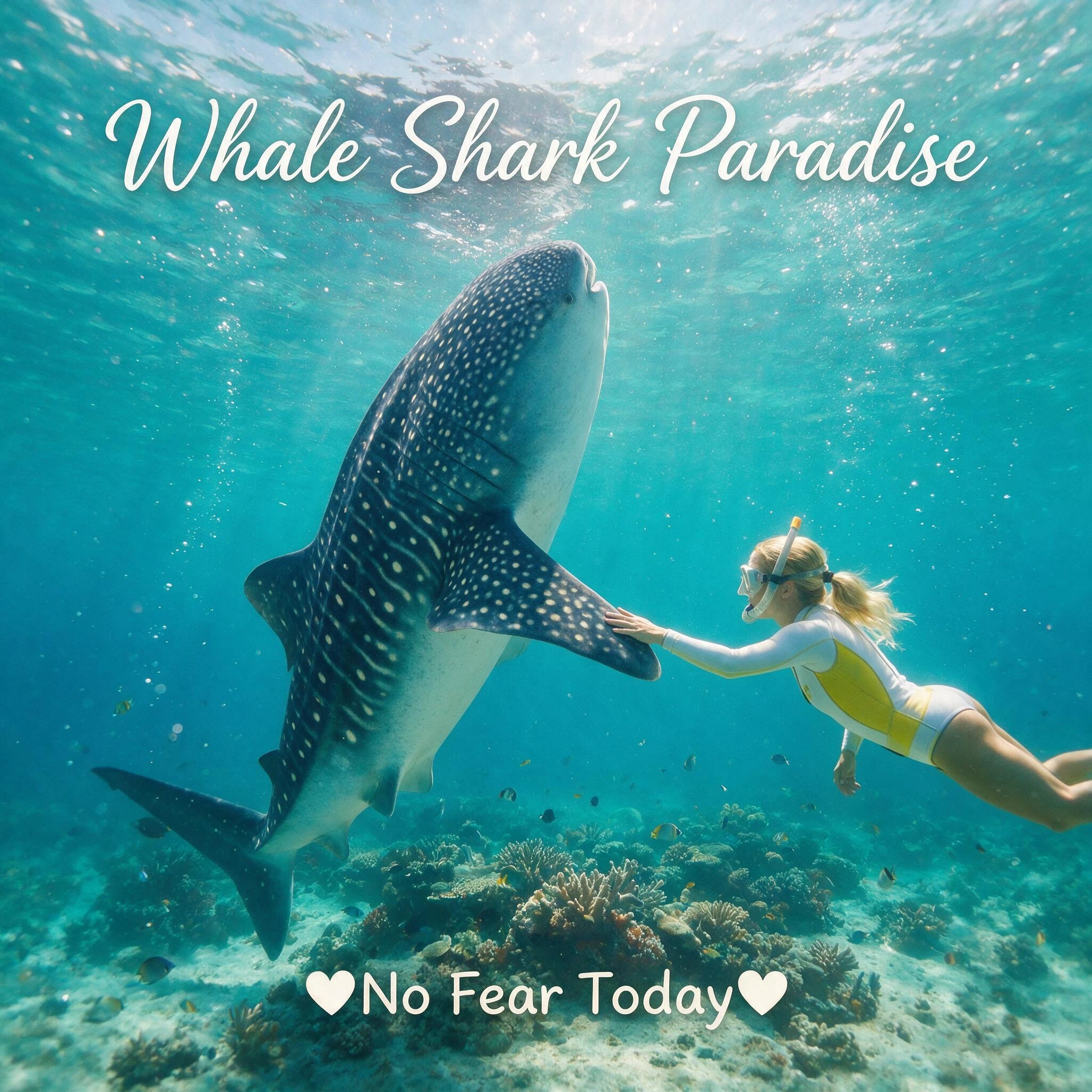 Whale Shark Paradise; Viewed through an underwater camera, a Whale Shark swimming vertically extends a fin in an all too human gesture of friendship towards a beautiful blonde female diver with her hair in a ponytail wearing a White & Yellow form-fit