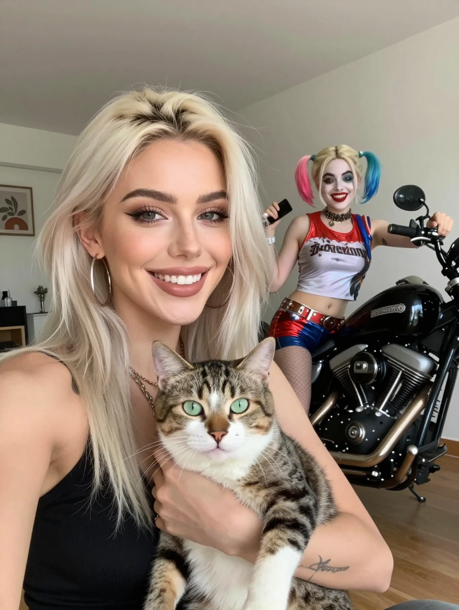 Beautiful smiling woman, platinum ombre hair, big earrings, taking a selfie with her cat, getting photo bombed by a Harley Quinn cosplayer, normal living room scene