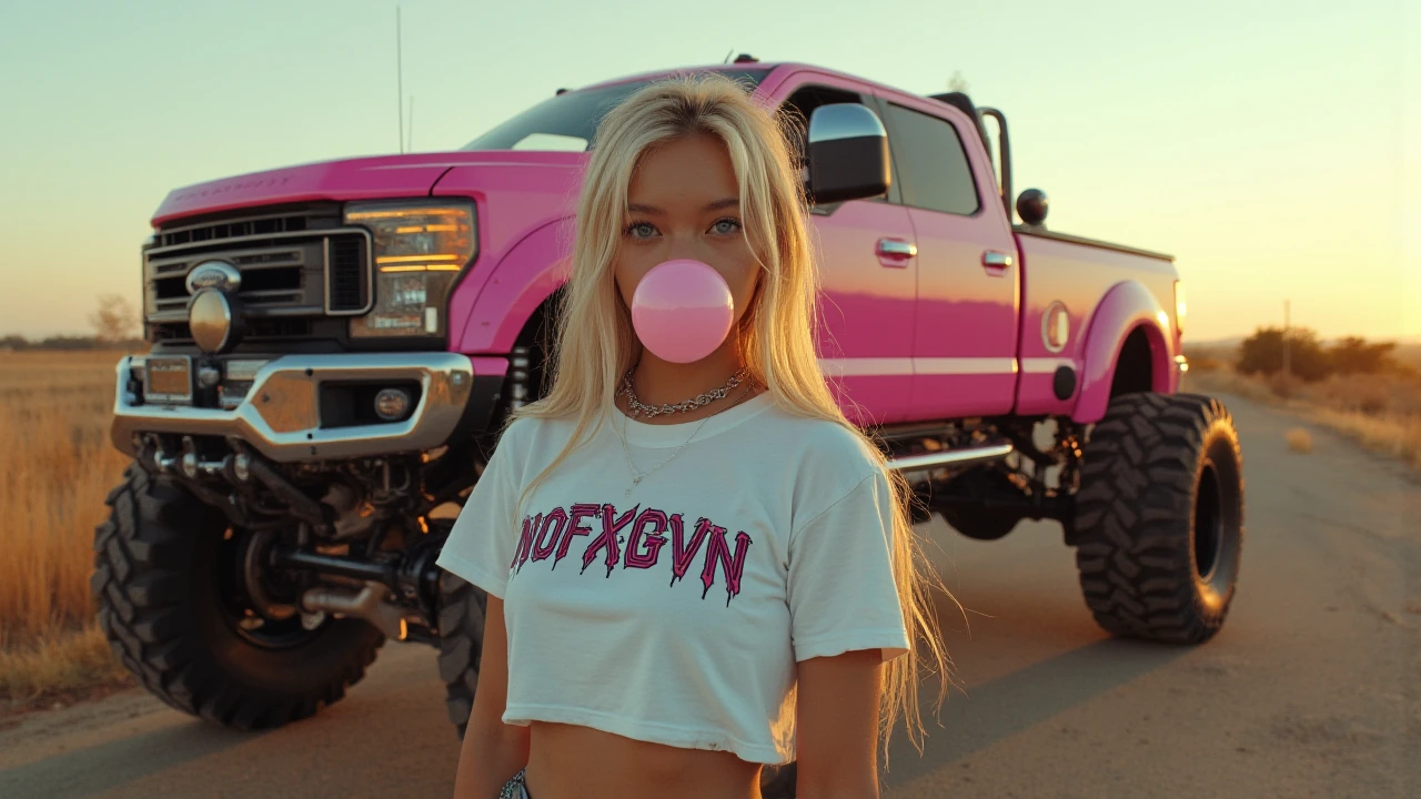 A highly detailed, cinematic portrait of a bratty 20-year-old blonde girl with long, messy platinum-blonde hair, striking bright blue eyes, and a smug, defiant expression. She stands confidently in the foreground, one hip cocked, hand on her waist, w