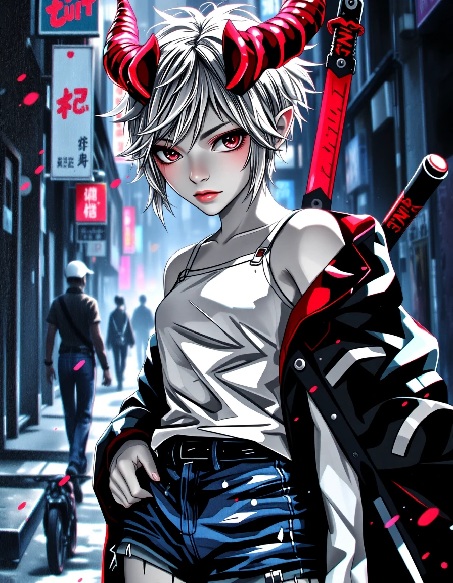 { "background": { "details": "blurred street, suggesting a cityscape", "setting": "urban environment" }, "character": { "appearance": { "eyes": { "color": "red", "expression": "intense and slightly intimidating" }, "hair": { "color": "white", "style"