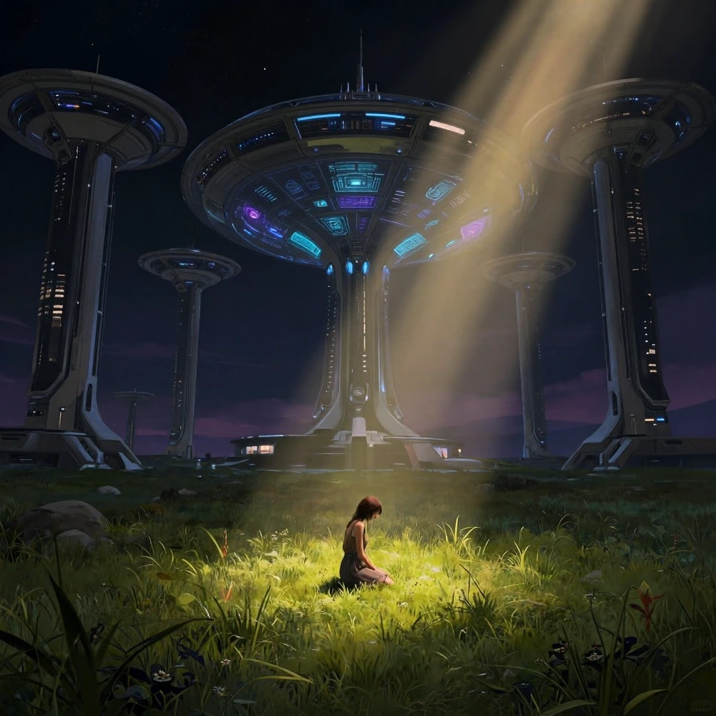 1girl, solemn, kneeling, dress, sad, dark background, stars in the background, falling stars, sitting on grass, solo, calm breeze, night sky