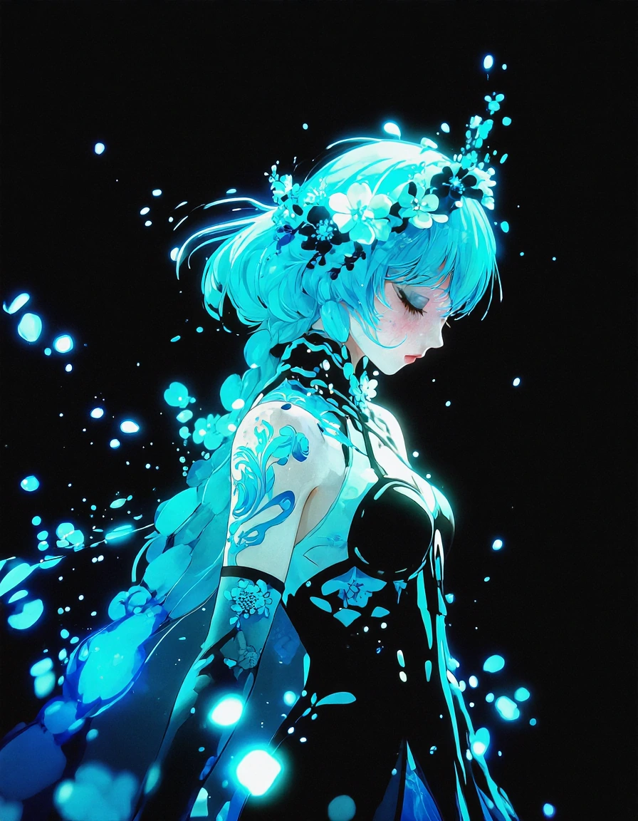# Luminescent Fantasy A striking anime character radiates ethereal beauty against a starlit void. Her flowing blue hair glows with cyan luminescence, adorned with delicate flowers that echo her ethereal nature. Intricate floral tattoos wind across he