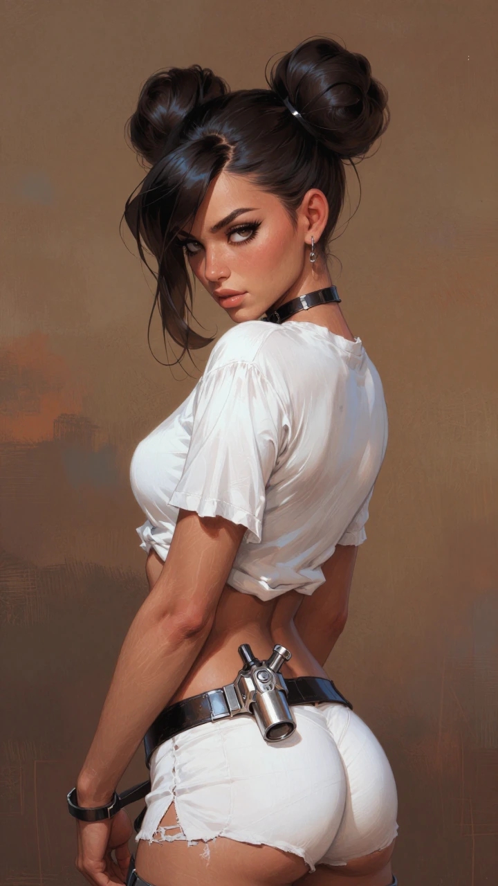 a digital portrait in a painterly style showing a young woman with her dark hair tied into two high pigtail buns, with loose strands framing her face. she is looking back over her shoulder, wearing a white t shirt cropped high on her waist and white