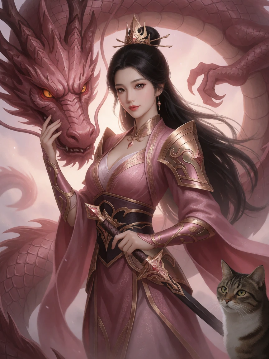 Beautiful woman warrior with a dragon. All dusty rose and rose gold. A cat is nearby.