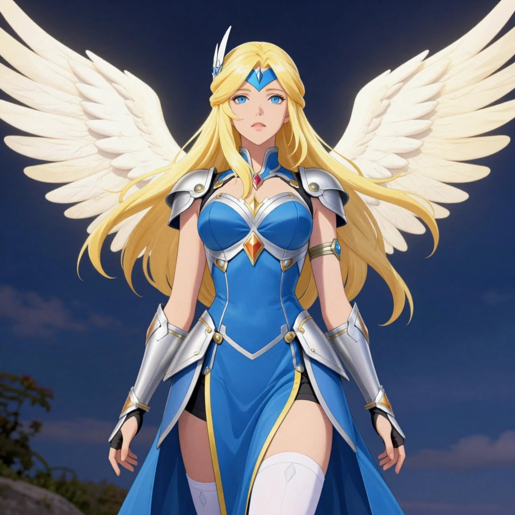 masterpiece, best quality, amazing quality, very aesthetic, (flat colors:1), (Artist:ilya kuvshinov:1), Valkyrie, blue eyes, long hair, blonde hair, feathered wings, light yellow wings, hair ornament, visor, blue armored dress, gauntlets, white thigh