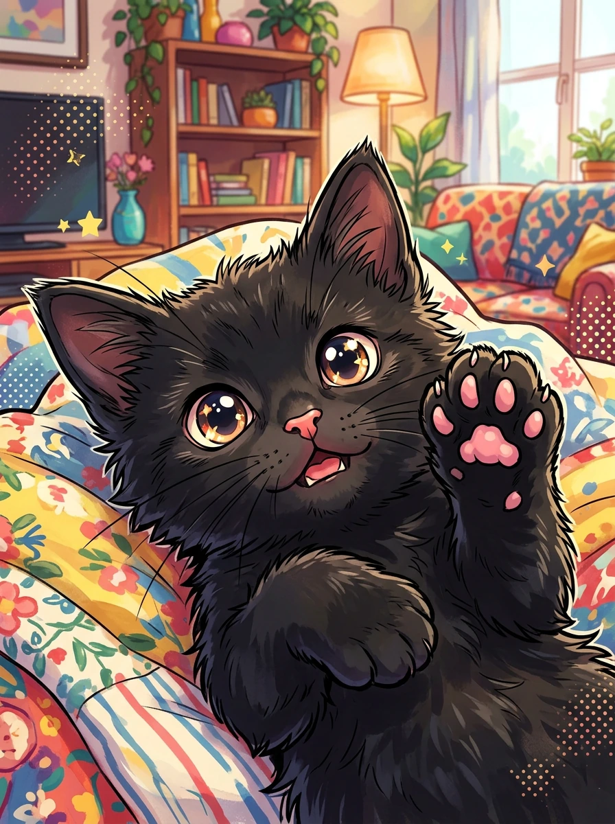 Black kitten, close-up, showing his toe beans, so cute, normal colorful livingroom background