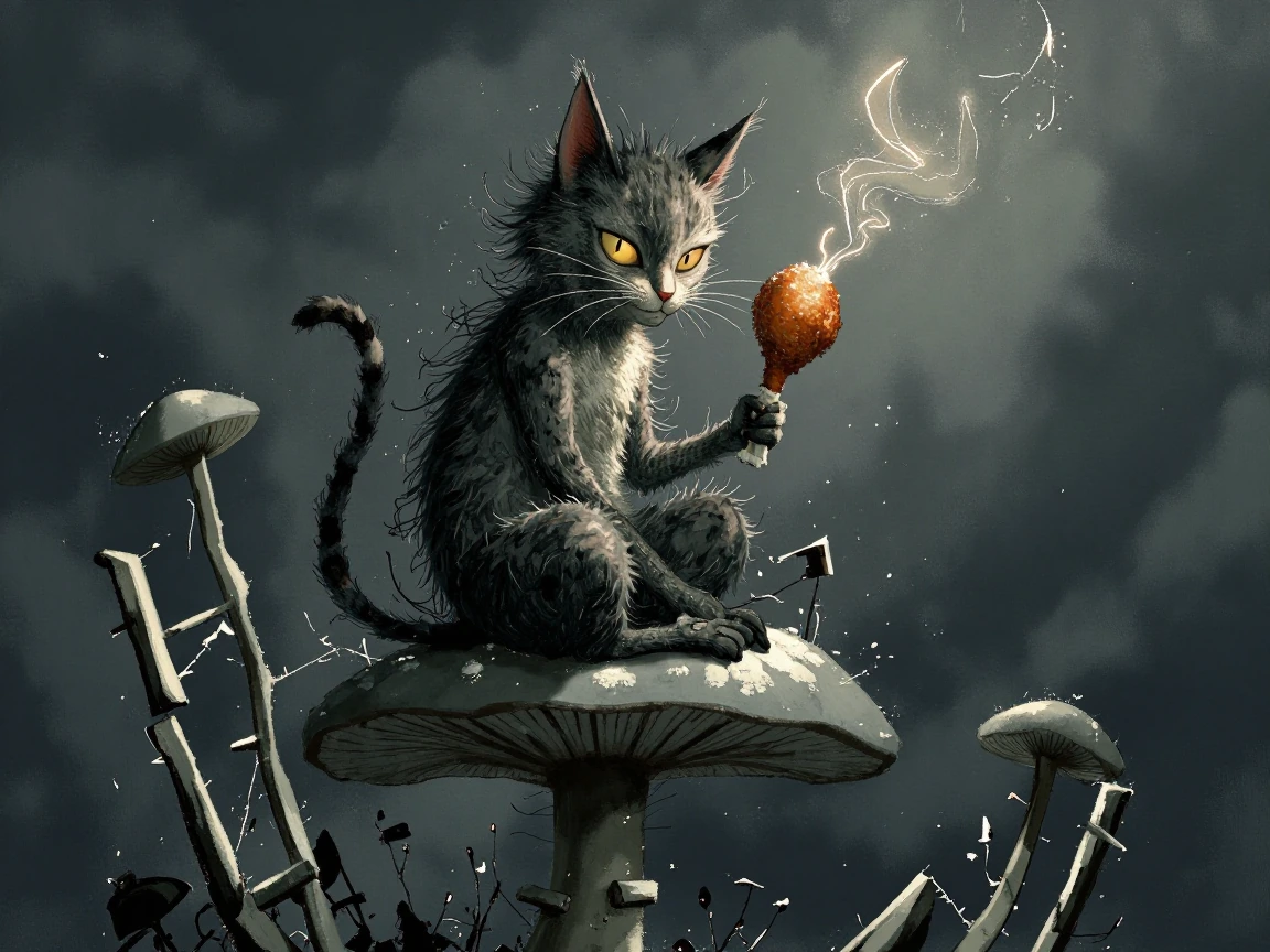 Abstract image, asymmetric geometry, muted color palette, of a monstrous cat, hauntingly disturbing eyes, sitting on a large toadstool holding a fried