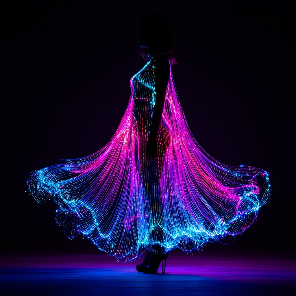 A woman in a sculptural gown constructed entirely of tiny programmable RGB LEDs arranged in flowing, undulating patterns across her body, the lights synchronized in a cascading wave animation that mimics liquid mercury or molten glass pouring downwar