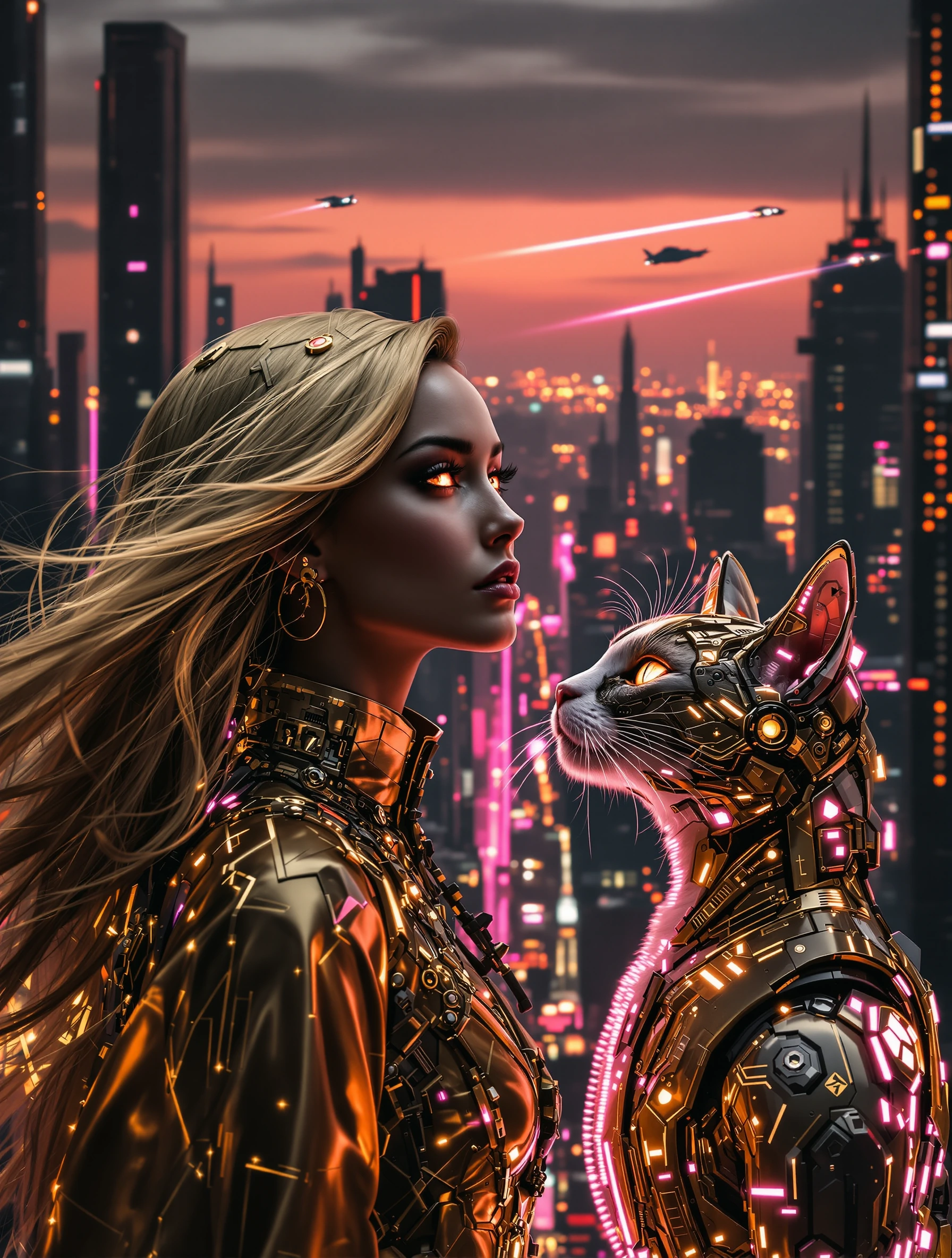 In a futuristic cityscape bathed in the twilight hues of black, gold, and mauve, a woman with flowing metallic gold hair stands beside a sleek, cybernetic cat. Her eyes reflect the neon lights of the distant skyline, while her attire blends tradition