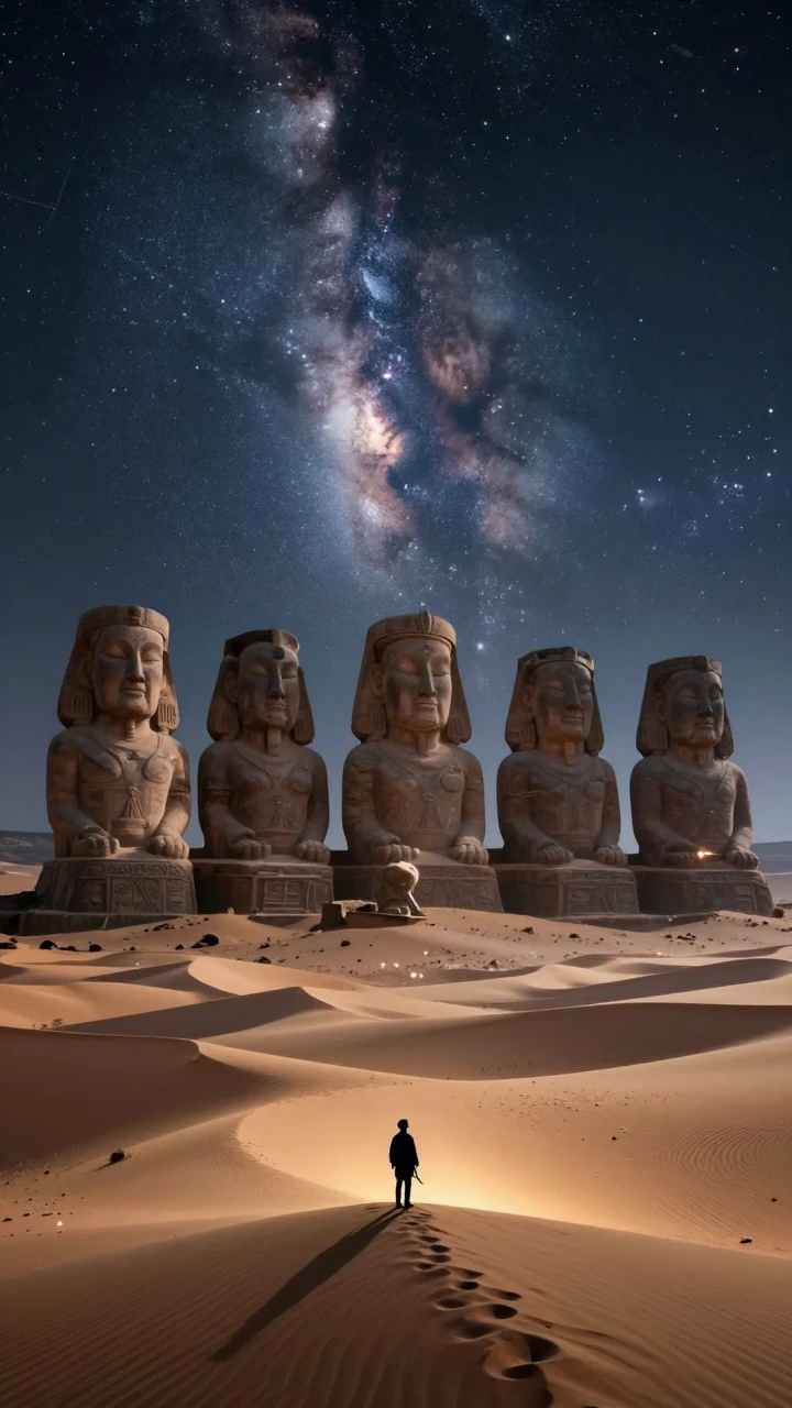 Cinematic anime fantasy landscape, endless desert with giant ancient statues and floating star fragments in the sky, dramatic night with milky way and glowing sand dunes, small silhouette of a lone traveler standing on a dune looking up in awe, myste