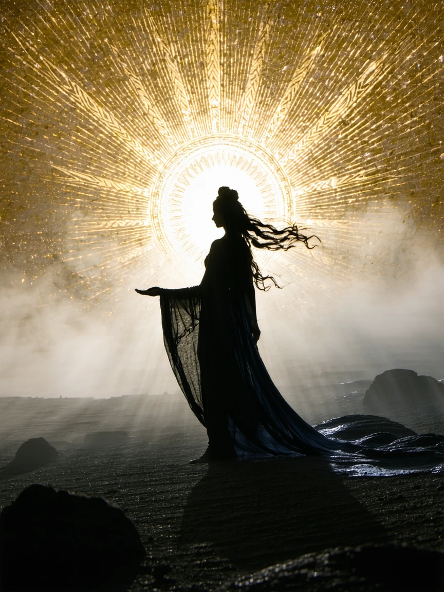 Ethereal goddess resplendent in flowing earthen and obsidian robes dramatically created with fine sand and ebony relief. She is depicted with a benevolent demeanor with golden sun rays to her back.