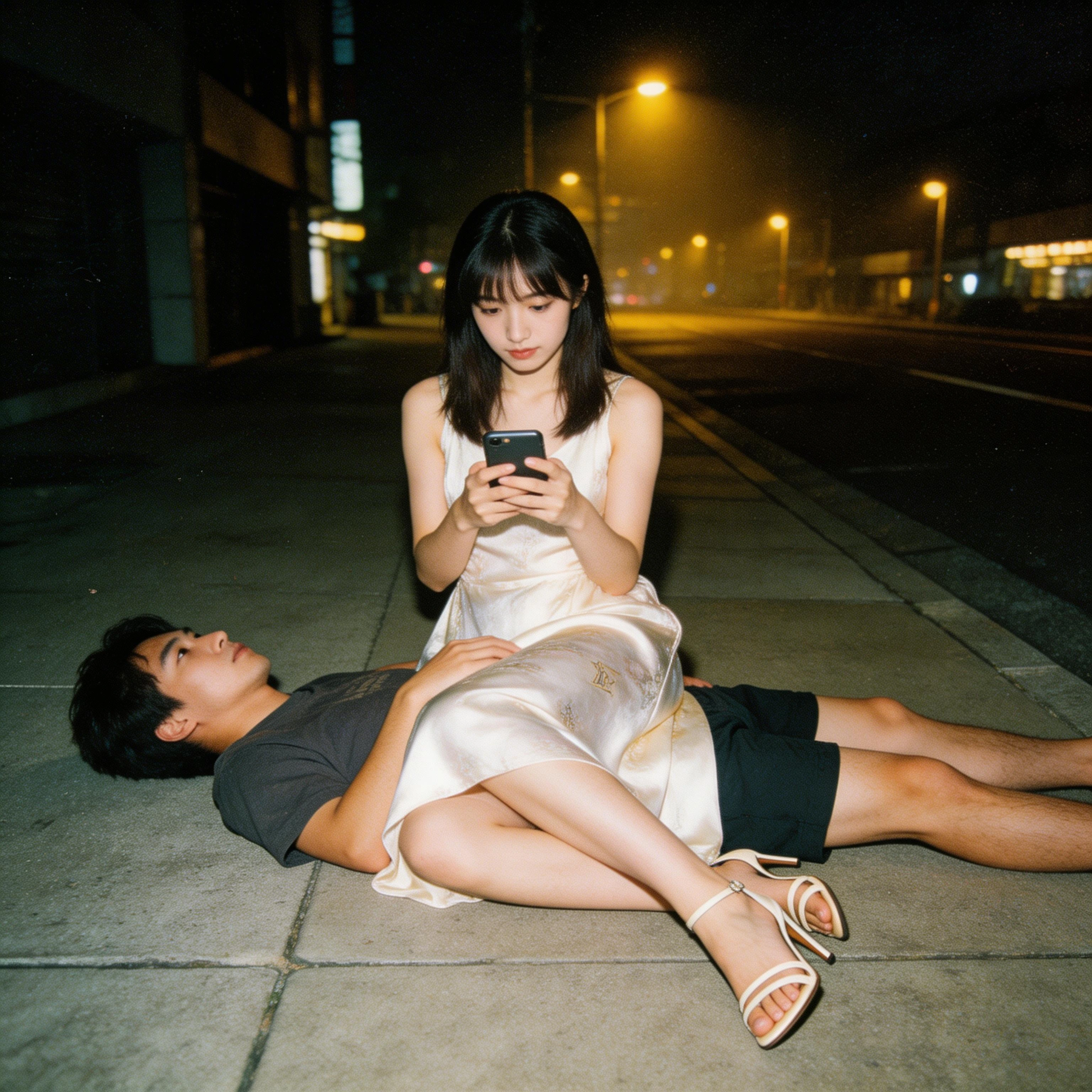early digital camera, slight noise, flash photography, candid, 2000s digicam style, amateur candid photo of a 18 yo japanese instagram model sitting o