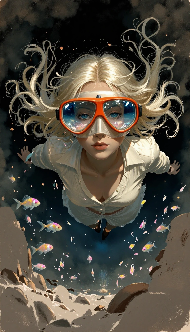 Digital painting of a (young woman with flowing platinum blonde hair suspended weightlessly in a void), strands drifting like submerged kelp in zero gravity, her (vivid orange diving goggles framing circular viewports that reveal a surreal aquarium m