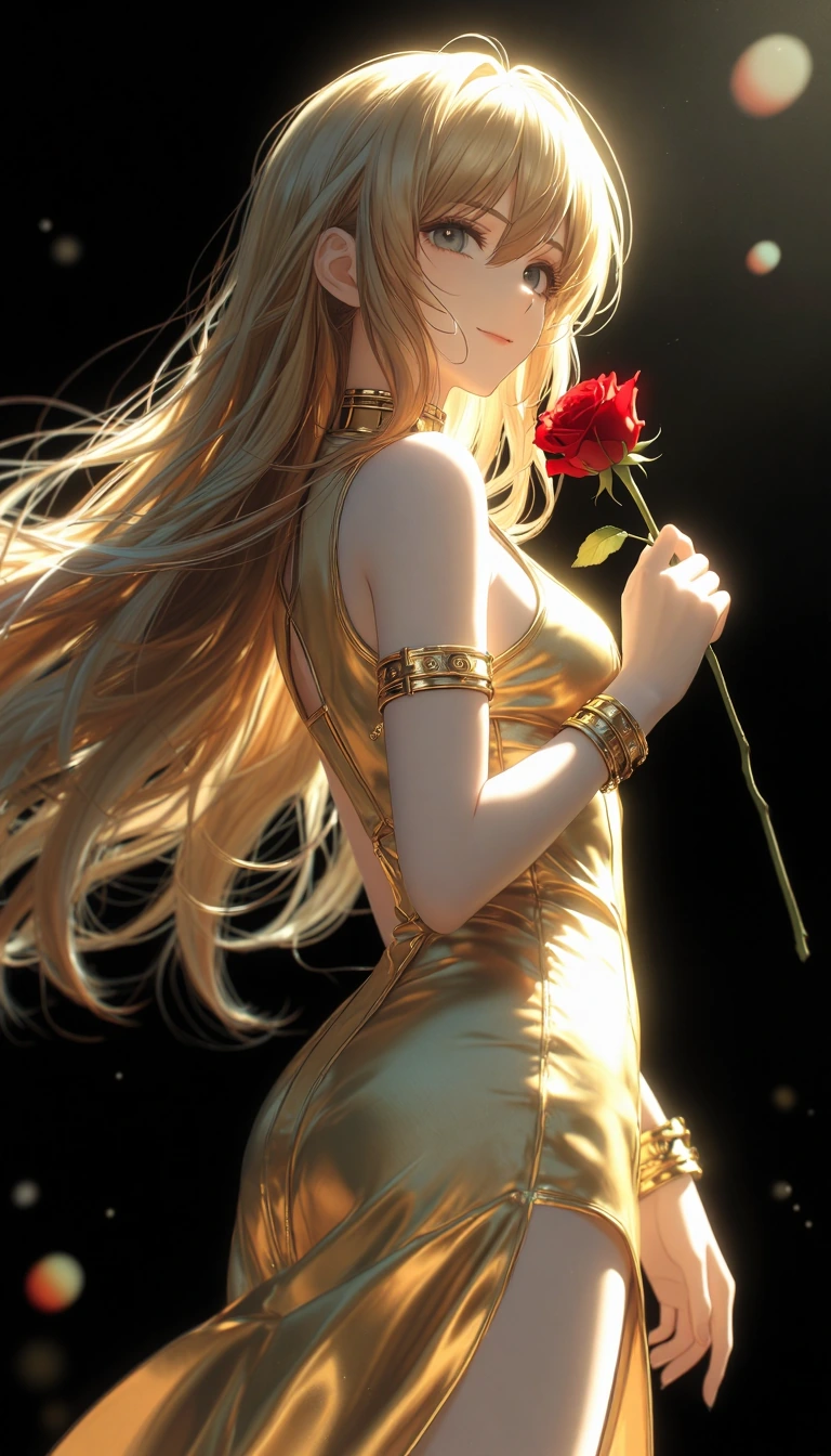 a digital drawing in an anime style, featuring a young woman with a fair complexion and long, wavy champagne blonde hair. She has striking grey eyes and a gentle smile, she is wearing a sleek, form-fitting, golden, sleeveless dress with a high neckli