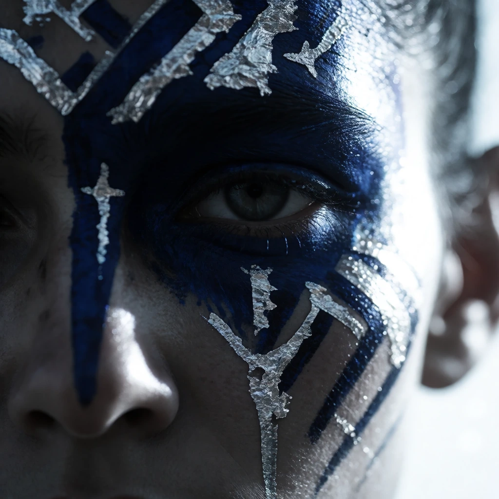 Close-up of a warrior's face mid-transformation, geometric war paint in deep indigo and silver leaf catching harsh sidelight, one eye half-shadowed, fractured symmetry, the paint suggesting runes or constellations rather than traditional patterns. Ci