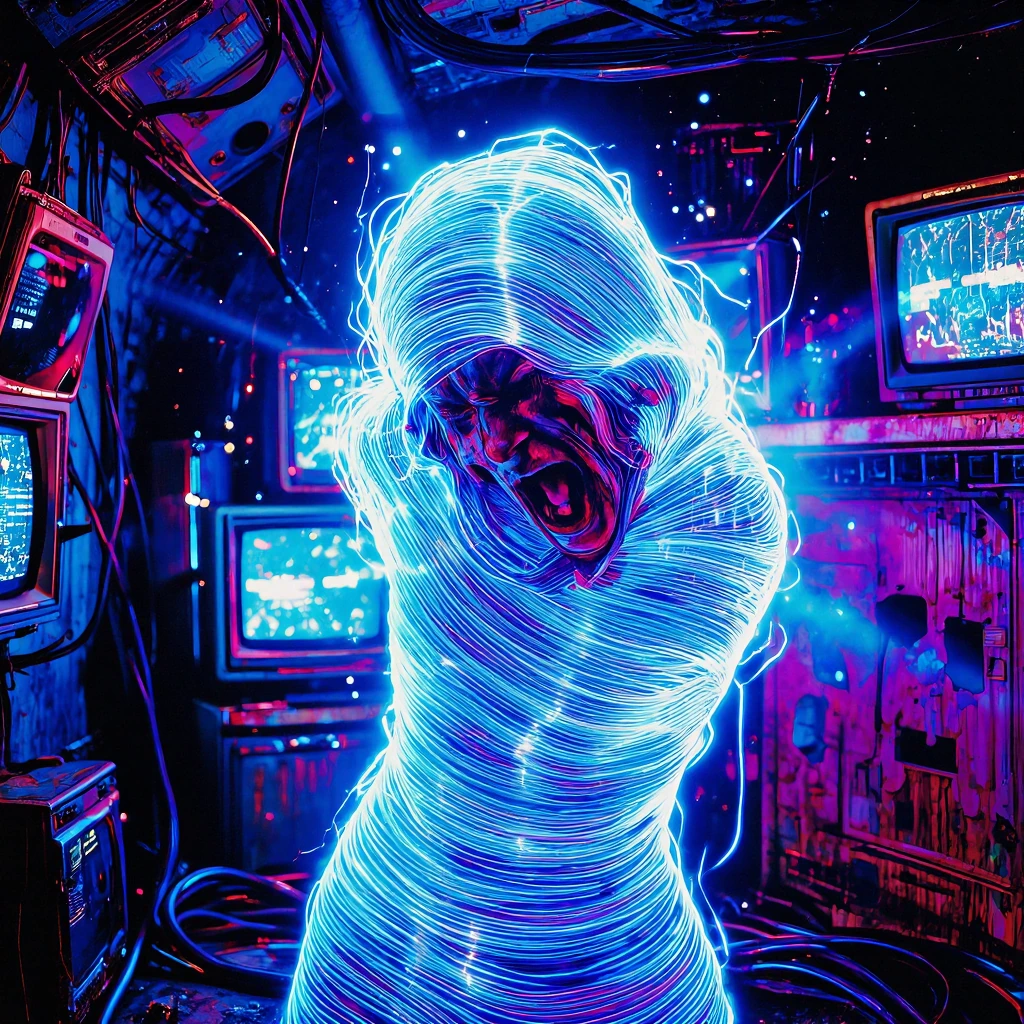 A haunting, melodic masterpiece illustration of psychological horror, inspired by death metal. In a rusty, underground industrial vault, a figure find