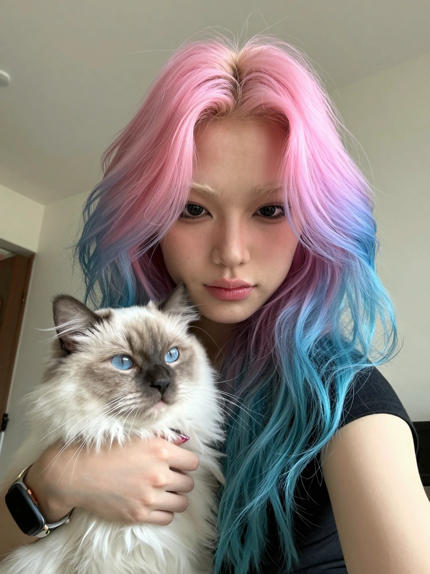 Crazy girlfriend pastel hair taking a selfie with her cat