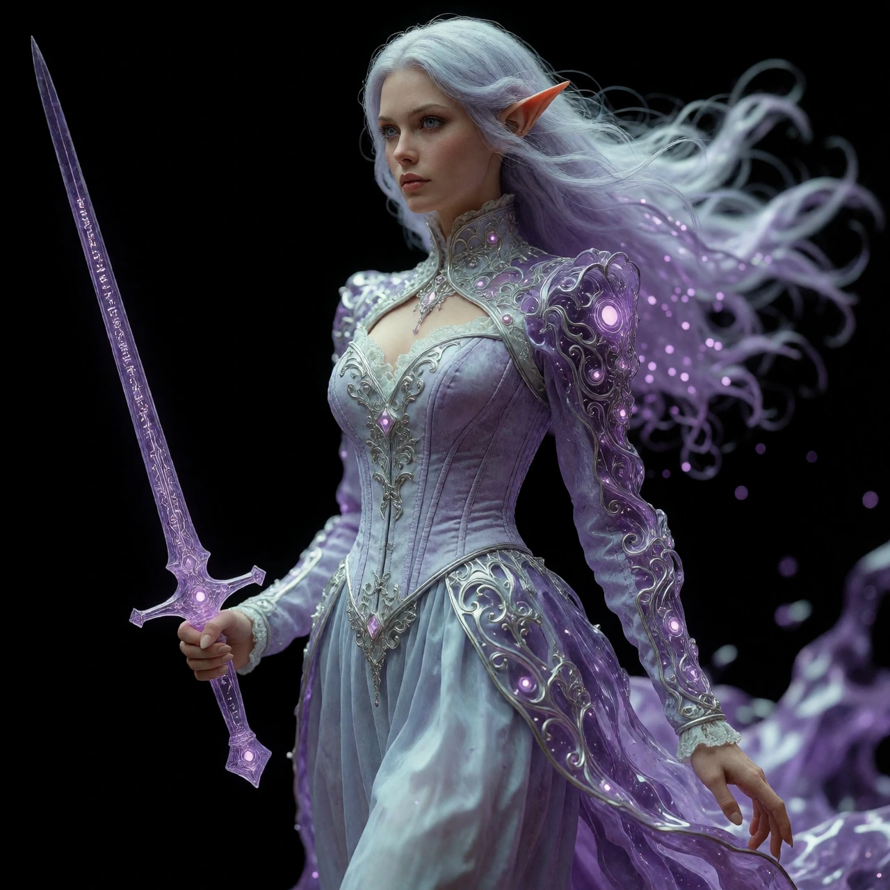 A hyper-detailed elf woman emerging. Her drifts dissolving into selective blur, while her face remains crystal clear She holds a slender sword forged from translucent violet glass, etched with bio-ink runes glowing like arcane circuitry. Her outfit i