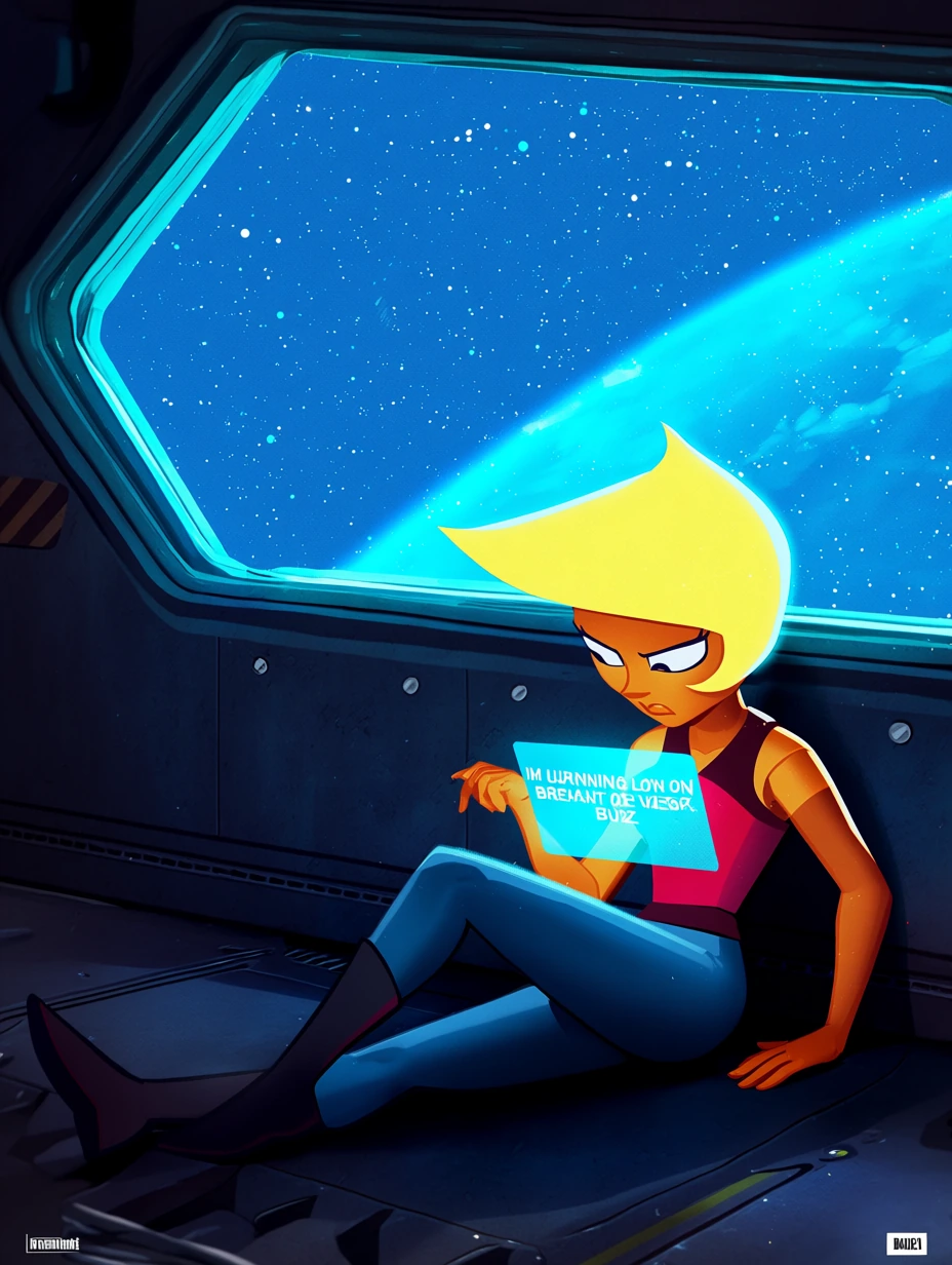 (Best quality, best detail:1.3), very aesthetic, 1girl, caramel skin tone, yellow (side swept hairstyle), holding a holographic tablet that says "Im running low on buzz" , sitting against the wall on the floor ,inside a space ship, a window showing o