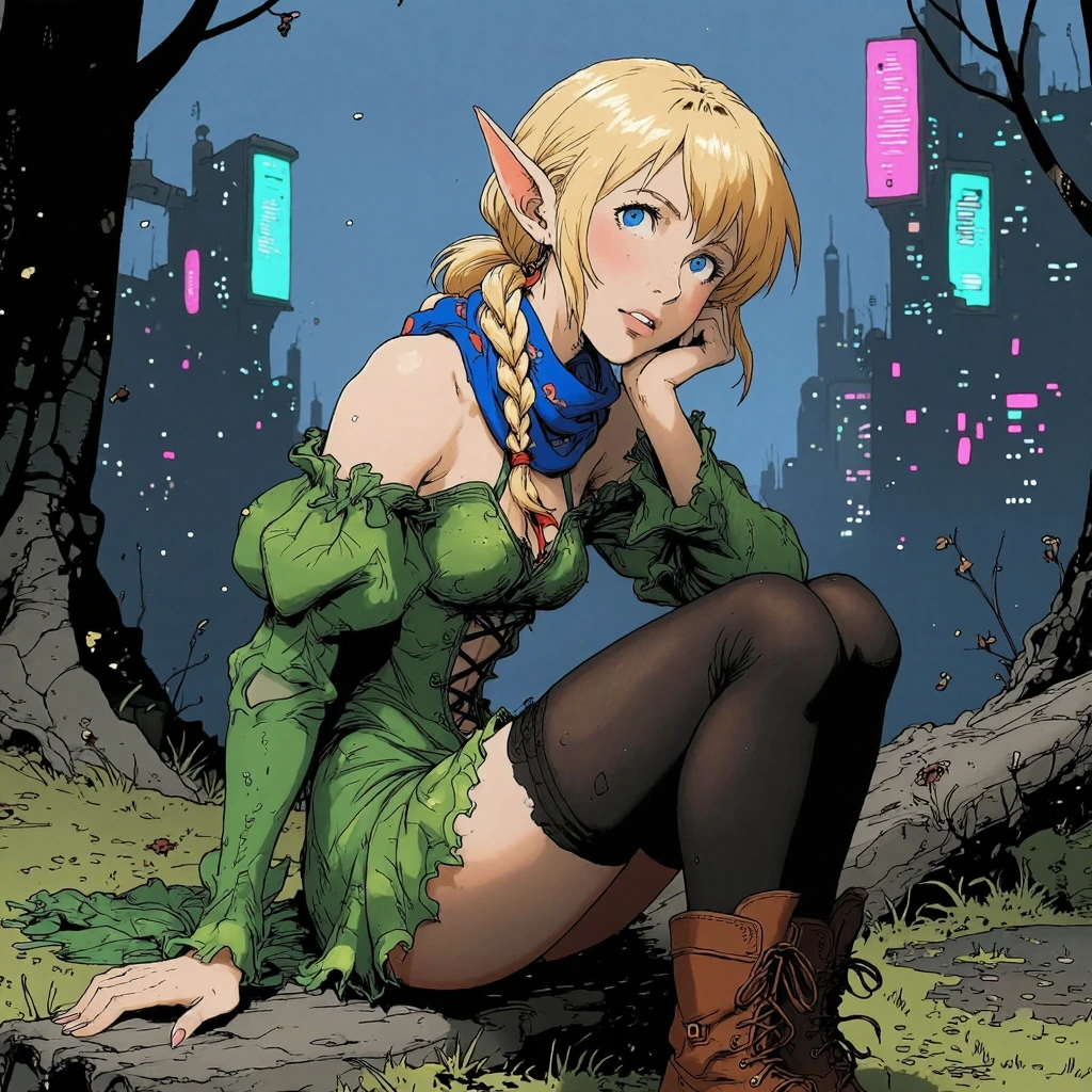 Elf girl, long pointy elf ears, pixie, sitting on log, knees together feet apart, medium breasts, narrow waist, large ass, thick thighs, (cross-laced: