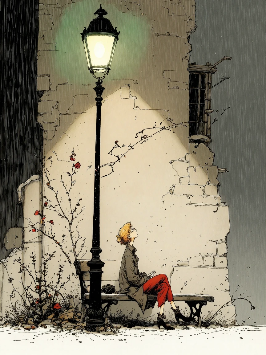 Nerdy looking blond girl sitting on a bench under a greenish-white streetlight while it pours rain at night