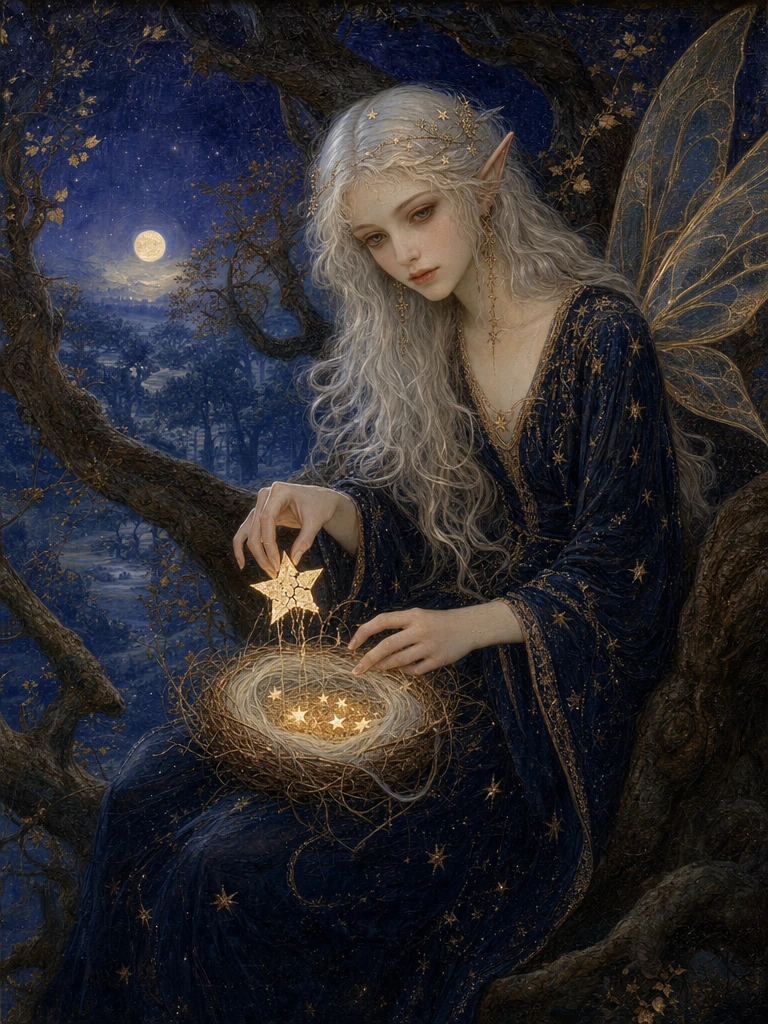 https://s.mj.run/DorOx-ytgWo Preraphaelite art nouveau oil painting, with visible bruskmarks on visible canvas with crazing. Deep indigo night, faint violet undertones, small warm gold highlights. A beautiful, elegant fae woman sits in the fork of an