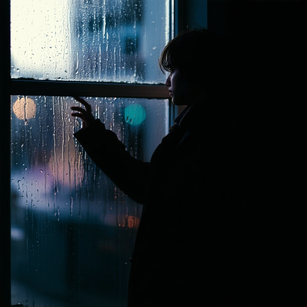 cinematic portrait of person touching rain-streaked window, ethereal lighting