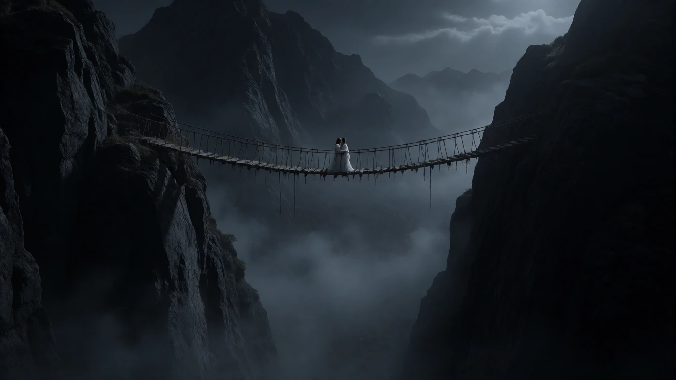 a wide, cinematic landscape view of two dark, imposing mountain cliffs on the left and right sides of the frame. stretched between them deep in the distance, a narrow, rickety rope bridge hangs over a massive, shadowed abyss. standing in the middle o
