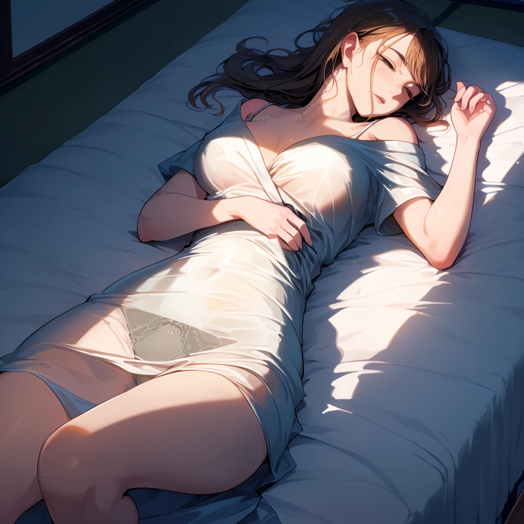 A japanese woman, laying sensually on an unmade bed, wearing a light see through silk dress, sunlight on her face, eyes slightly closed, brown/blond hair, the dress moved slightly up her boddy showing her underwear