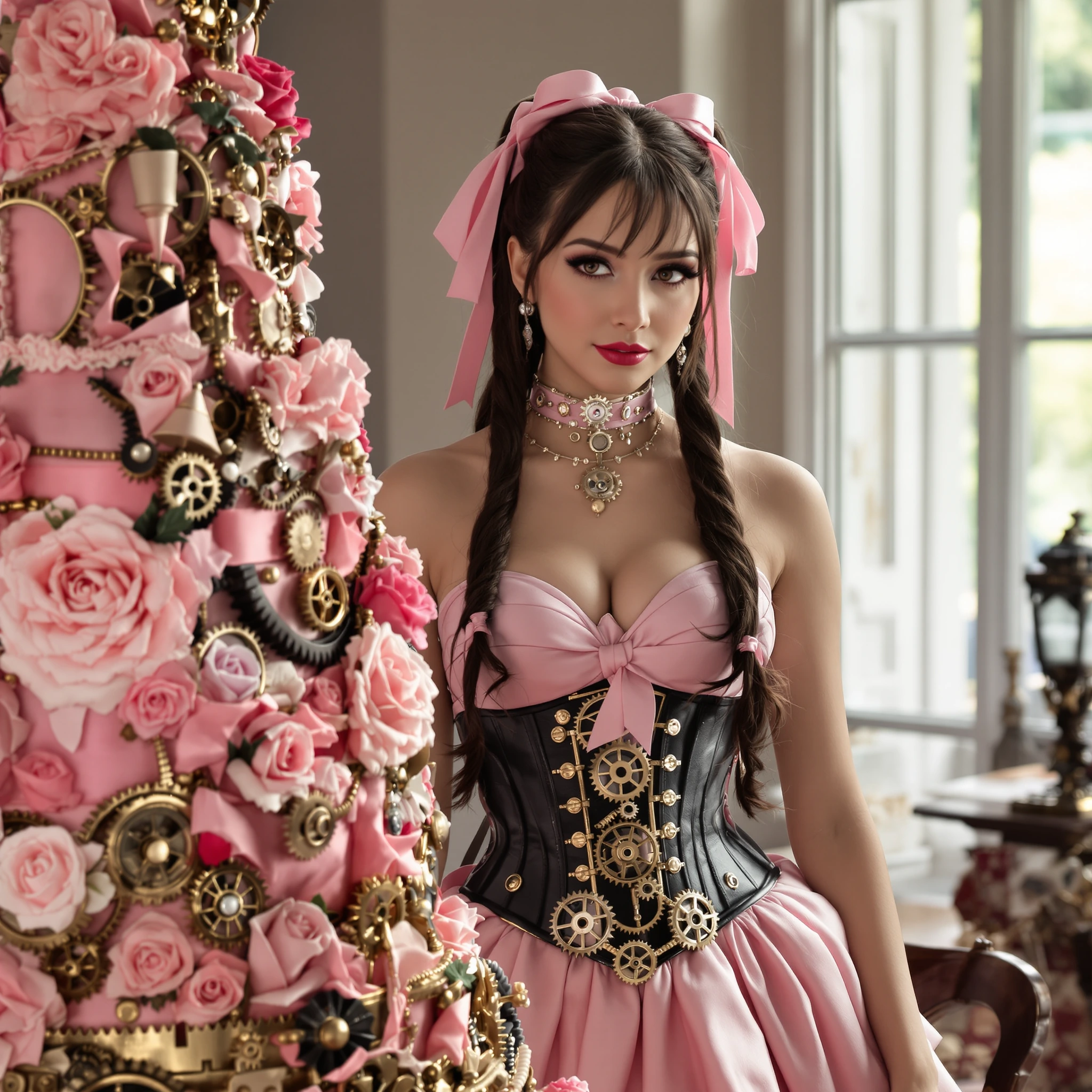 Woman with long brunette hair in high pigtails tied with pink satin ribbons, porcelain skin, brown eyes, standing beside an ornate tiered cake. She wears a fitted pink satin dress with a black leather corset layered in mechanical cogs and pink bows.