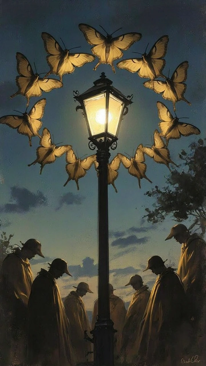 Moths gathered in a solemn circle around a dimmed streetlight at dusk, rendered in the style of a classical oil painting with dramatic chiaroscuro lig