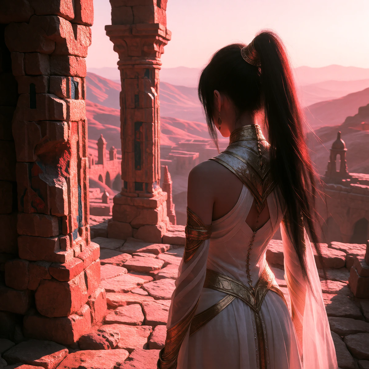 Day 2 — Lost Places, A forgotten doorway still remembers your footsteps; Slender young woman with a dark high ponytail wearing a sleek White & Gold modern outfit with her back to the camera explores a stone pathway in a series of ancient ruins in the