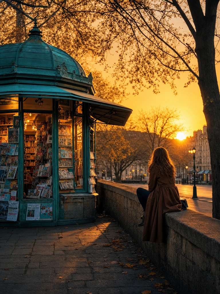 A cozy beautiful vintage kiosk with artificial light inside. lonely street. Trees. woman sits on a Wall. Glowing Phenomenal sunrise. morning atmosphere. Detailed. Turquoise and yellow colors. PhotoRealistic illustration style. Smooth. High resolution