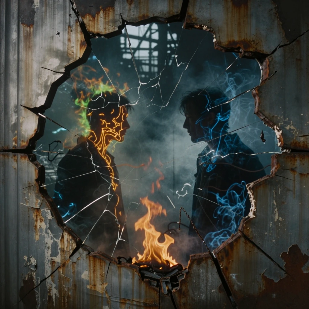 Fractured holographic mirror shattering across corroded steel wall, two silhouettes separated by toxic green-orange flames, neon light bleeding through industrial smog, one figure illuminated by flickering radioactive amber, the other consumed by col